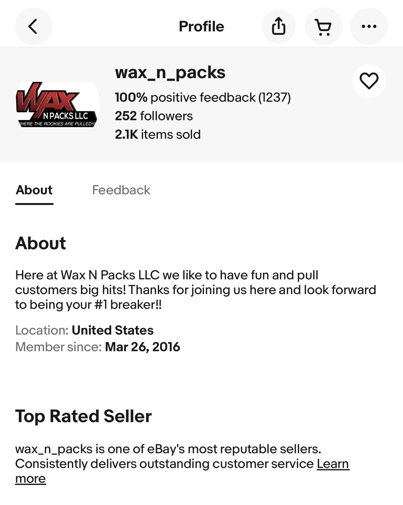 Wax N Packs eBay profile showing 100% positive feedback, 2.1K items sold, and Top Rated Seller badge
