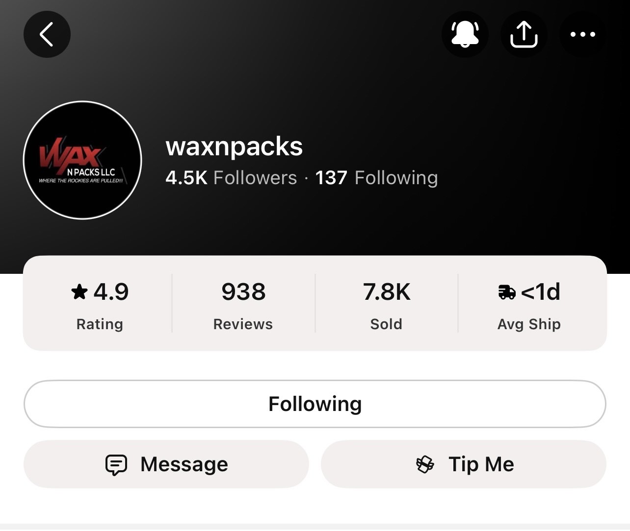 WaxNPacks Whatnot shop profile showing 4.9 rating, 938 reviews, 7.8K sold, <1d avg ship time